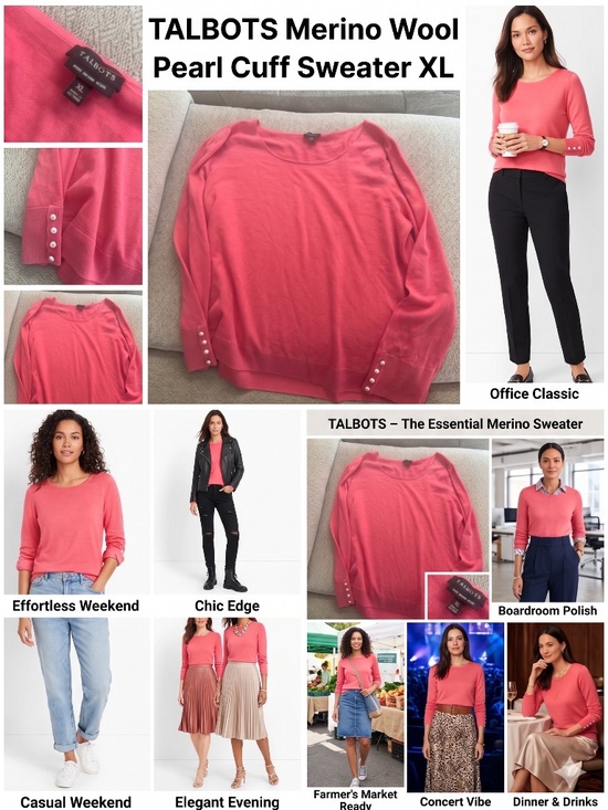 Talbots Sweaters - TALBOTS Coral Pink Merino Wool Sweater, XL - Faux Pearl Cuff, Chic!